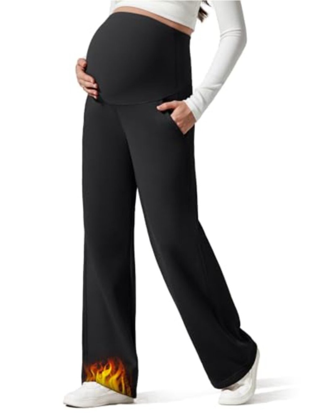 Fleece Lined Maternity Sweatpants High Rise Wide Leg Pull On
